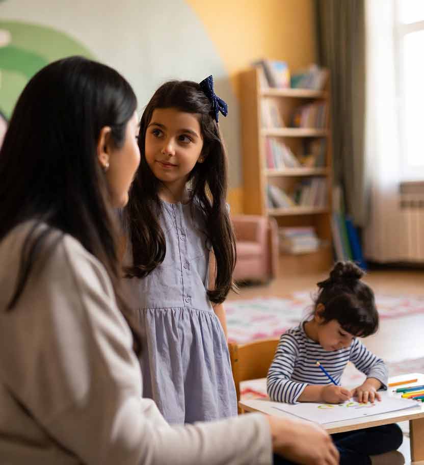 مادر و دختر در حال گفتگوی آرام برای امنیت روانی کودک در بحران